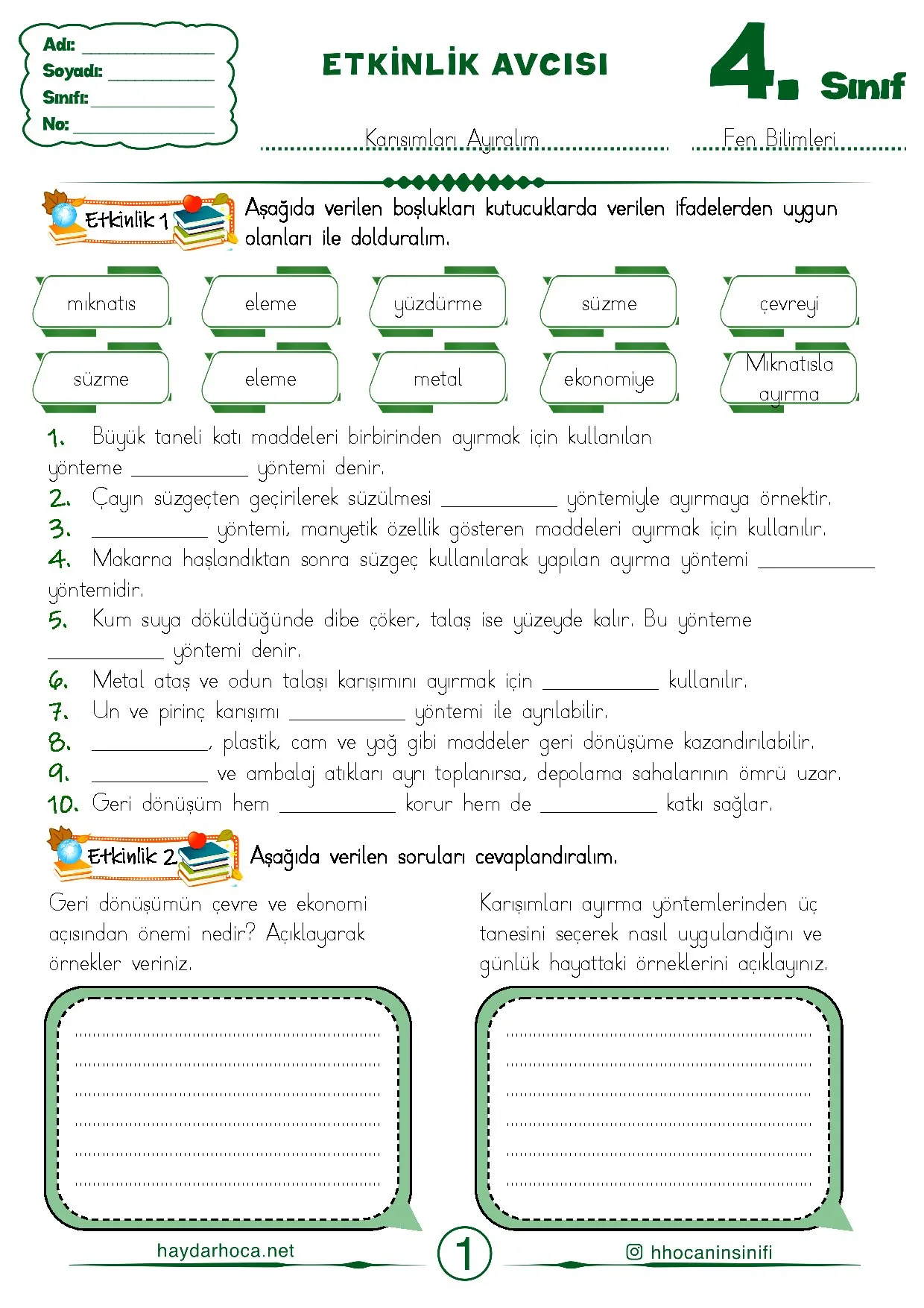 4.Sınıff 20. Hafta Fen Bilimleri Karışımları Ayıralım Konu Etkinlikleri