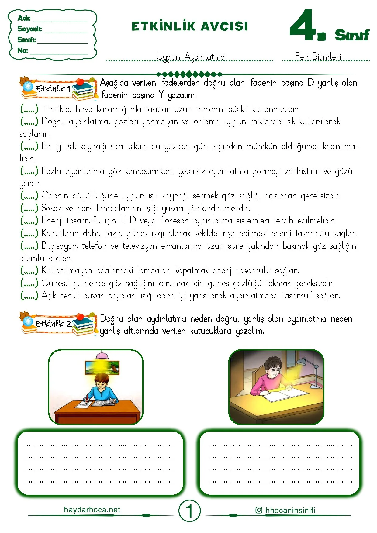 4.Sinif 23. Hafta Fen Bilimleri Uygun Aydinlatma Konu Etkinlikleri