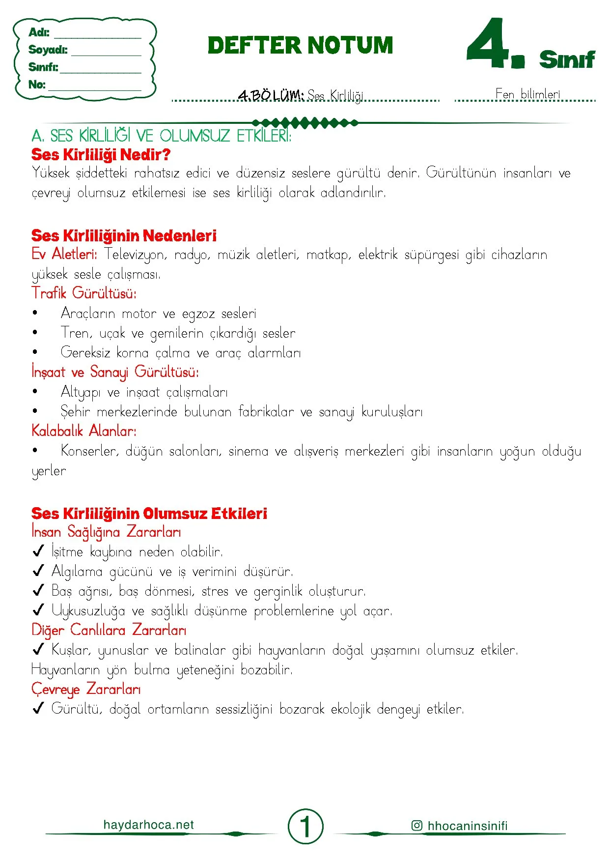 4.Sinif 26. Hafta Fen Bilimleri 5. Bolum Ses Kirliligi Defter Notu