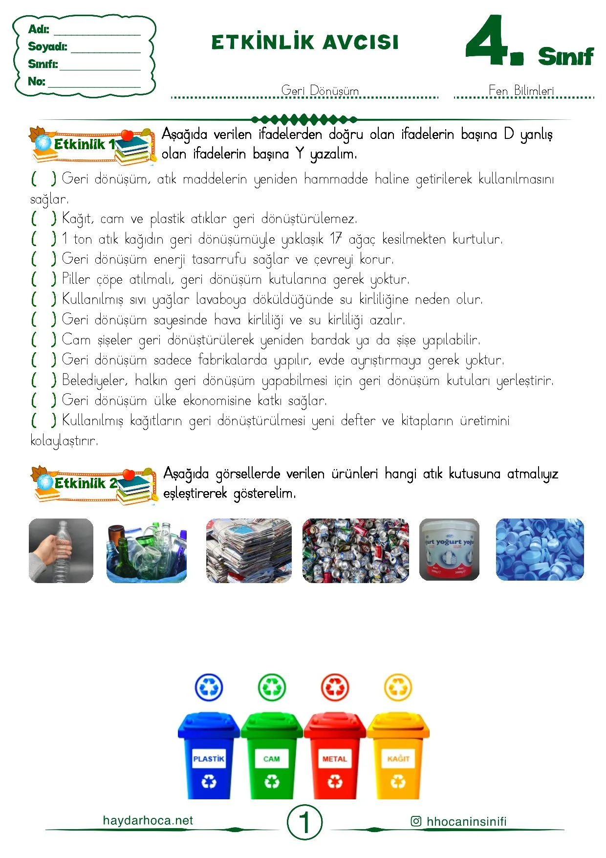 4.Sinif 29. Hafta Fen Bilimleri Geri Donusum Konu Etkinlikleri
